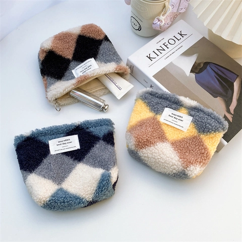 Argyle Plush Coin Purse Sherpa Zipper Pouch Mini Storage Makeup Bag Soft Portable Fashion Accessory For Women