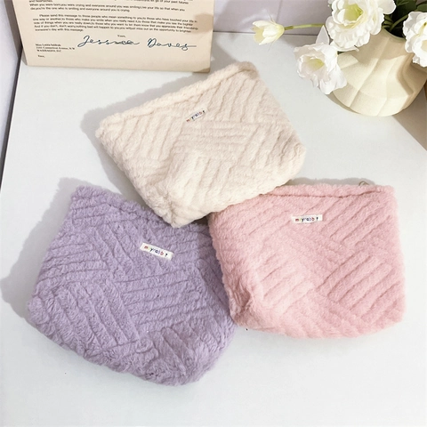 Kawaii Plush Cosmetic Bag Large Capacity Makeup Organizer With Canvas Lining Japanese Style Zipper Clutch For Women