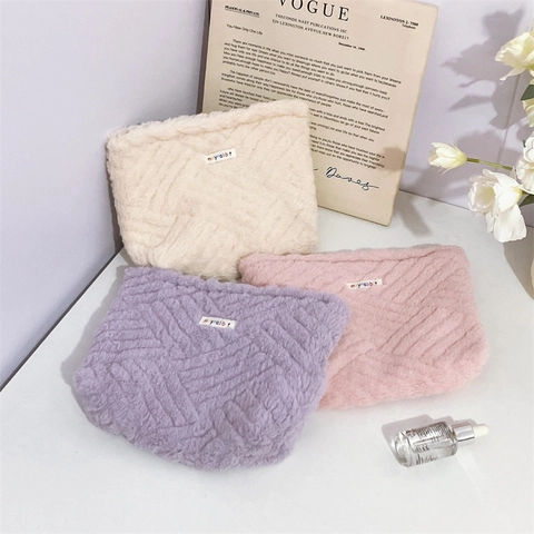 Kawaii Plush Cosmetic Bag Large Capacity Makeup Organizer With Canvas Lining Japanese Style Zipper Clutch For Women