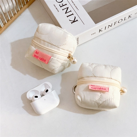 Mini Quilted Coin Purse Artificial Pearl Pendant Zipper Small Storage Pouch For Wireless Earphone Keys Portable Sweet Style Women