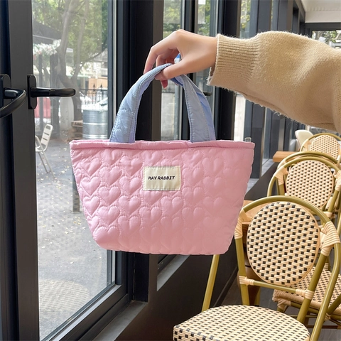 Borsa A Mano Trapuntata Con Motivo A Cuore Da Donna Piccola Borsa Tote In Poliestere Manici A Contrasto Casual Dolce