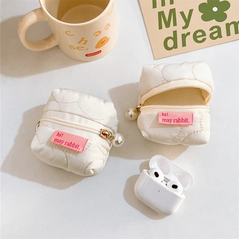 Mini Quilted Coin Purse Artificial Pearl Pendant Zipper Small Storage Pouch For Wireless Earphone Keys Portable Sweet Style Women