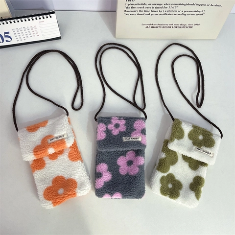 Plush Crossbody Phone Bag Cute Flower Pattern Small Shoulder Pouch Flap Cover For Women Girls