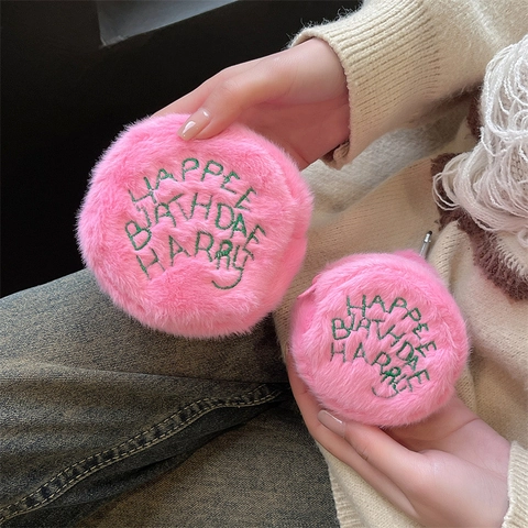 Portamonete Rotondo In Peluche Ricamato Custodia Morbida Per Auricolari Mini Organizzatore Con Cerniera Per Donne