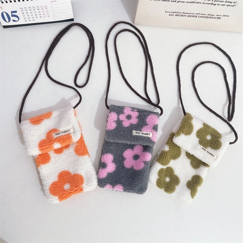 Plush Crossbody Phone Bag Cute Flower Pattern Small Shoulder Pouch Flap Cover For Women Girls