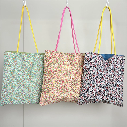 Floral Print Canvas Tote Bag Cotton Fabric Handbag With Contrast Color Rope Handles Women Pastoral Fresh Shoulder Bag