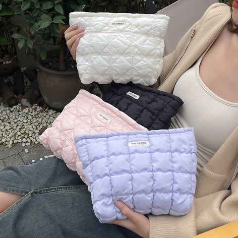 Quilted Cotton Makeup Bag Large Capacity Travel Cosmetic Organizer With Lattice Pattern Portable Chic Wash Pouch