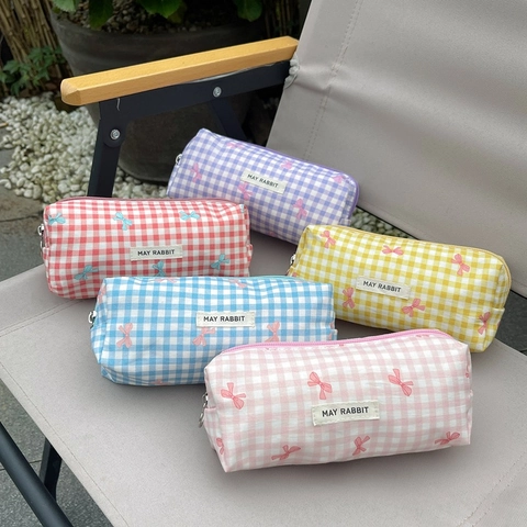 Geruite Canvas Etui Strik Print Make-Up Tas Grote Capaciteit Briefpapier Zak Voor Studenten Cosmetische Organizer