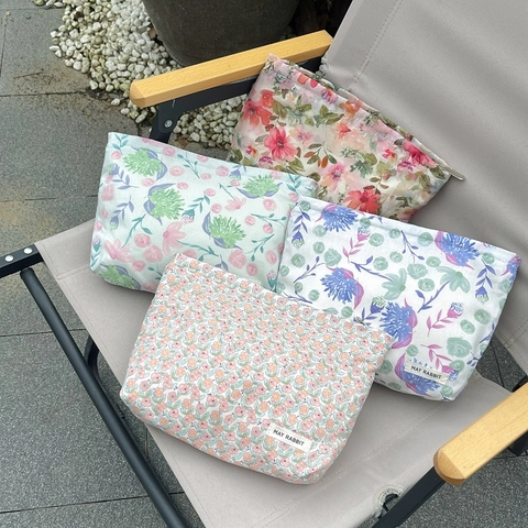 Trousse À Maquillage En Coton Floral Pochette À Cosmétiques Portable Grande Capacité Organisateur De Toilette Esthétique Avec Fermeture Éclair