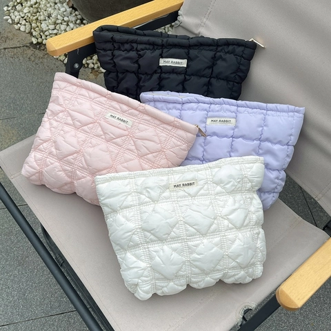 Quilted Cotton Makeup Bag Large Capacity Travel Cosmetic Organizer With Lattice Pattern Portable Chic Wash Pouch