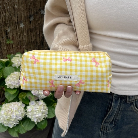 Geruite Canvas Etui Strik Print Make-Up Tas Grote Capaciteit Briefpapier Zak Voor Studenten Cosmetische Organizer