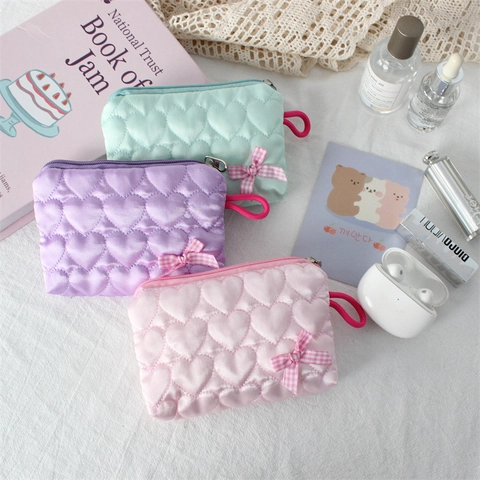 Heart Quilted Satin Coin Purse With Checkered Bow Sweet Macaron Color Portable Makeup Pouch Daily Earphone Storage Bag