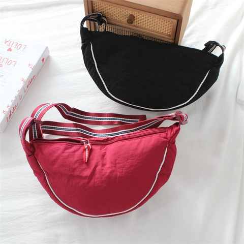 Nylon Half Moon Crossbody Bag Lightweight Striped Adjustable Strap Contrast Piping Casual Dumpling Shoulder Bag