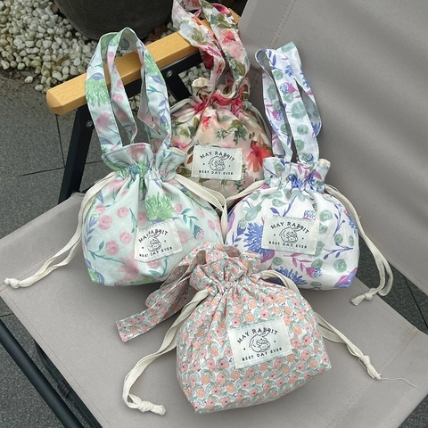 Floral Print Canvas Handbag Cotton Drawstring Pouch Sweet Fresh Pastoral Style Tote Bag For Women Daily Outing