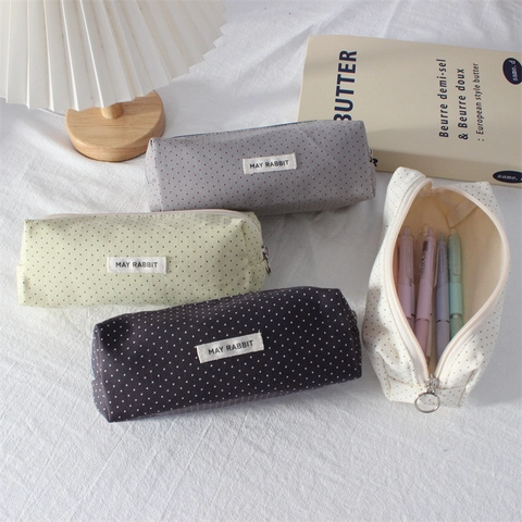 Trousse À Crayons En Toile À Points Et Coeurs Grande Capacité Pochette À Papeterie Fermeture Éclair Fournitures Scolaires