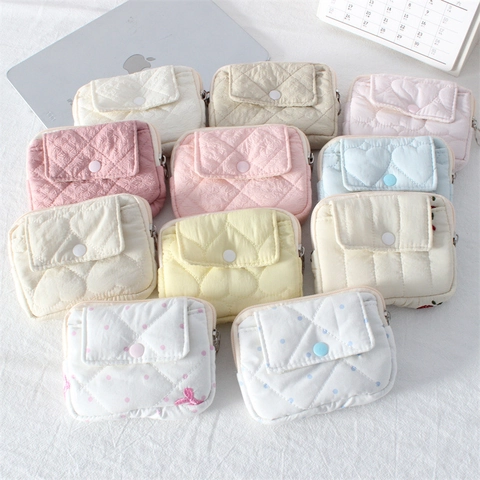 Mini Quilted Coin Purse Soft Polyester Fabric Earphone Storage Bag Flip Snap Button Zipper Closure Key Ring Portable Cute