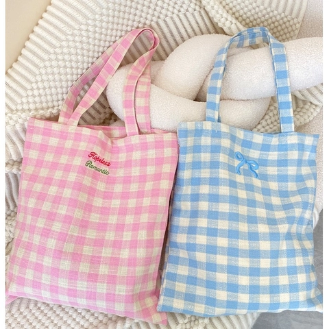 Borsa Tote In Tela Da Donna A Quadri Gingham Grande Capacità Borsa A Mano Fiocco Ricamo Pendolarismo Quotidiano