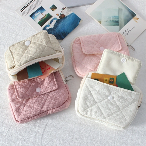 Mini Quilted Coin Purse Soft Polyester Fabric Earphone Storage Bag Flip Snap Button Zipper Closure Key Ring Portable Cute
