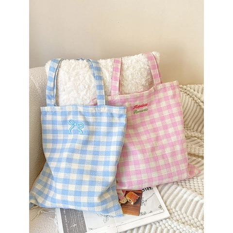 Borsa Tote In Tela Da Donna A Quadri Gingham Grande Capacità Borsa A Mano Fiocco Ricamo Pendolarismo Quotidiano