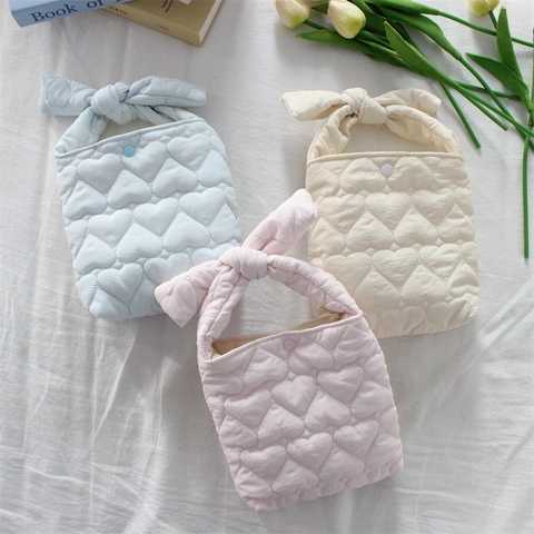Sac À Main Matelassé Cœur Polyester Poignée Nœud Petit Sac Poignet Style Kawaii Doux Accessoire Quotidien