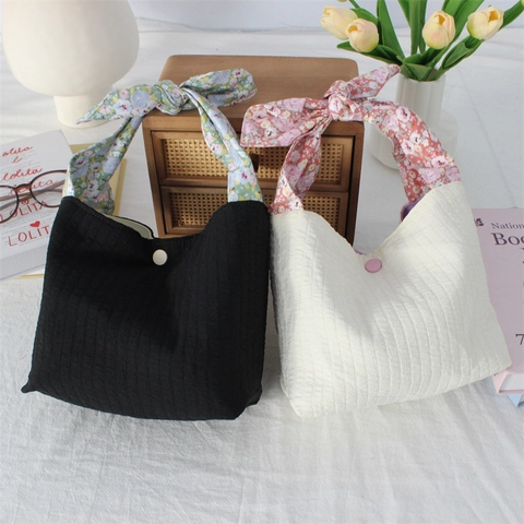 Sac À Main Mini Plissé Femme Polyester Nœud Floral Style Littéraire Vintage Doux Petit Sac Fourre-Tout Avec Bouton-Pression
