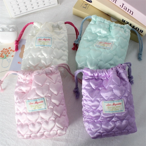 Sac De Rangement À Cordon En Satin Matelassé Cœur Pochette De Maquillage Portable Organisateur De Cosmétiques Style Doux