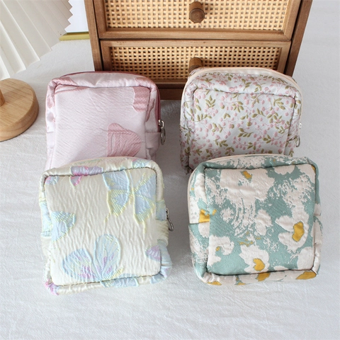 Mini Cosmetic Bag Portable Polyester Jacquard Floral Butterfly Embroidery Square Storage Pouch For Women Girls