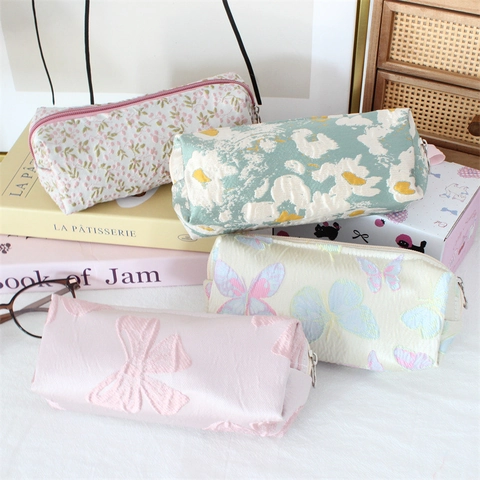 Federmäppchen Große Kapazität Schreibwarentasche Jacquard Stoff Floral Schmetterling Schleife Muster Schulbedarf Tragbar Reißverschluss