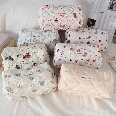 Quilted Makeup Bag Cartoon Print Large Capacity Travel Toiletry Pouch Cute Zipper Storage Organizer For Women Students