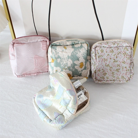 Mini Cosmetic Bag Portable Polyester Jacquard Floral Butterfly Embroidery Square Storage Pouch For Women Girls