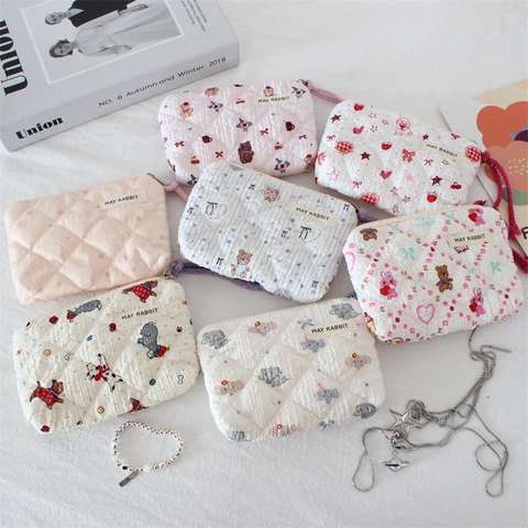 Quilted Cotton Coin Purse Cute Cartoon Animal Pattern Zipper Makeup Storage Pouch With Braided Handle Women Girls