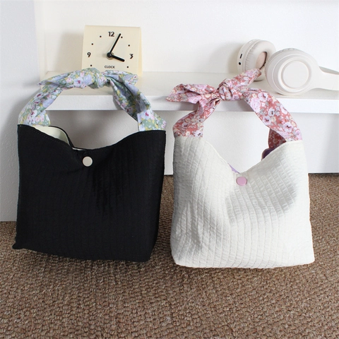 Sac À Main Mini Plissé Femme Polyester Nœud Floral Style Littéraire Vintage Doux Petit Sac Fourre-Tout Avec Bouton-Pression