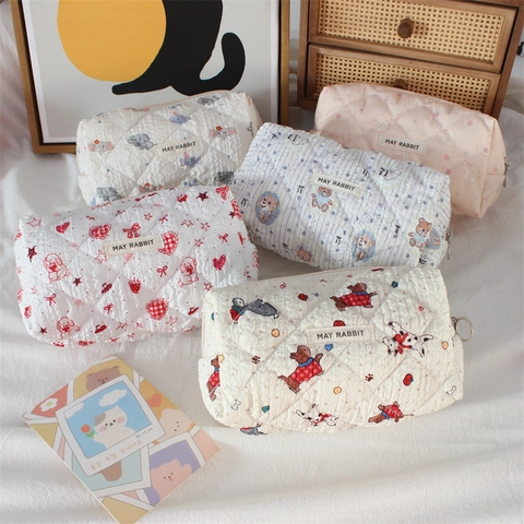 Quilted Makeup Bag Cartoon Print Large Capacity Travel Toiletry Pouch Cute Zipper Storage Organizer For Women Students