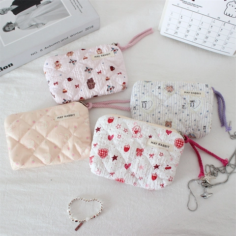 Quilted Cotton Coin Purse Cute Cartoon Animal Pattern Zipper Makeup Storage Pouch With Braided Handle Women Girls
