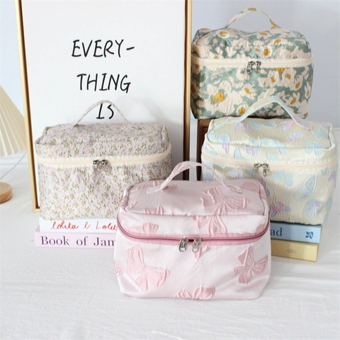 Jacquard Floral Kosmetiktasche Große Kapazität Schmetterling Geprägte Kulturbeutel Tragbarer Reise Organizer Für Damen