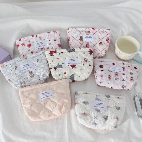 Quilted Cotton Makeup Bag Cute Cartoon Pattern Cosmetic Storage Pouch Portable Zipper Aesthetic Travel Organizer
