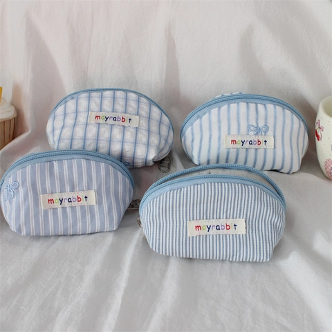 Mini Coin Purse Cotton Fabric Blue White Stripes Checkered Pattern Shell Shape Zipper Cute Embroidery Bow For Women Girls