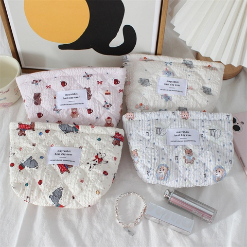 Quilted Cotton Makeup Bag Cute Cartoon Pattern Cosmetic Storage Pouch Portable Zipper Aesthetic Travel Organizer
