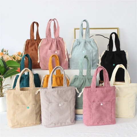 Borsa A Mano In Velluto A Coste Da Donna Tinta Unita Con Coulisse Borsa Tote Con Tasca Frontale Letteraria Versatile