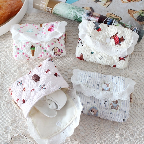Quilted Cotton Coin Purse Cartoon Print Lace Trim Small Storage Pouch For Earphones And Small Items Sweet Style