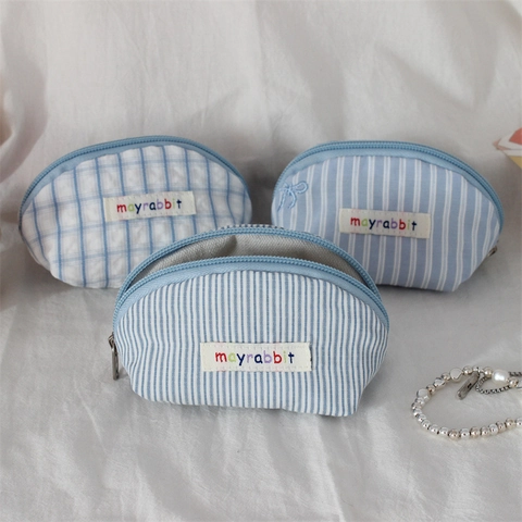 Mini Coin Purse Cotton Fabric Blue White Stripes Checkered Pattern Shell Shape Zipper Cute Embroidery Bow For Women Girls