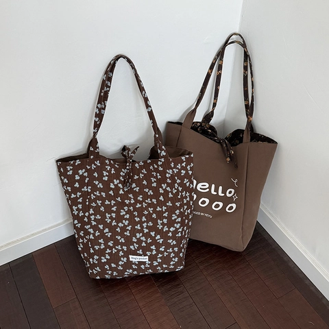 Borsa Tote In Nylon Grande Capacità Da Donna Stampa Floreale Lettere Trapuntata Borsa A Spalla Casual Versatile