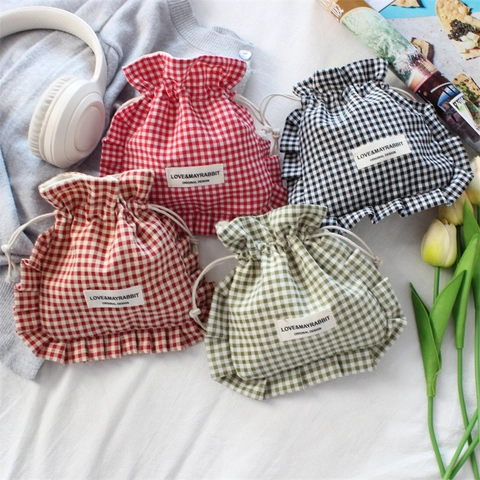 Bolsa Con Cordón Tela De Cuadros Borde Con Volantes Organizador De Maquillaje Joyería De Viaje Portátil Estilo Coreano Vintage Estética Pastoral
