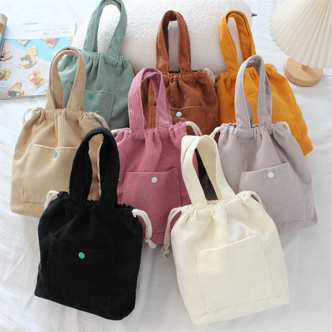 Borsa A Mano In Velluto A Coste Da Donna Tinta Unita Con Coulisse Borsa Tote Con Tasca Frontale Letteraria Versatile