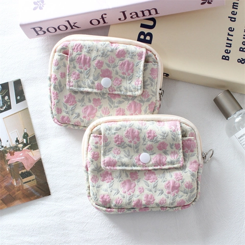 Vintage Floral Jacquard Mini Coin Purse Zippered Card Holder With Front Snap Pocket Portable Small Fabric Storage Bag