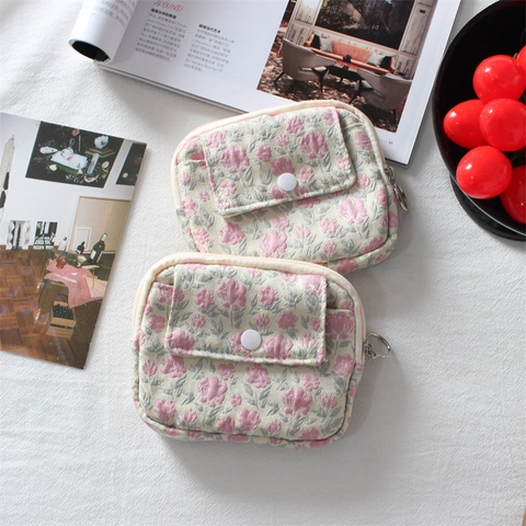 Vintage Floral Jacquard Mini Coin Purse Zippered Card Holder With Front Snap Pocket Portable Small Fabric Storage Bag