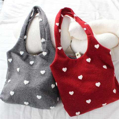 Borsa Tote In Peluche Ricamata Fiocco Cuore Fiore Grande Capacità Borsa A Spalla Casual Versatile Per Donna