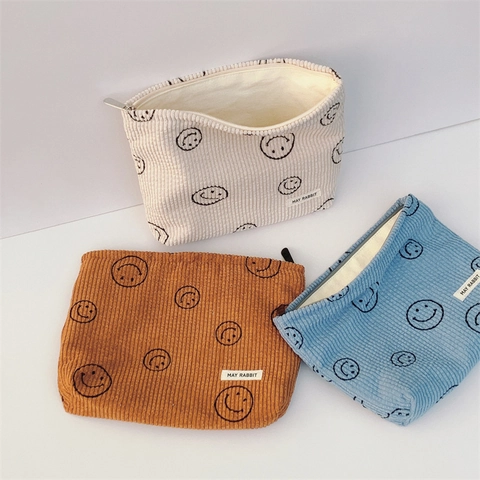Smiley Gesicht Corduroy Make-up Tasche Für Frauen Retro Einfache Kosmetiktasche Mit Reißverschluss Reise Aufbewahrung Handheld Clutch