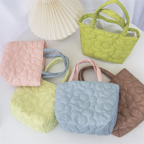 Quilted Flower Handbag Polyester Contrast Handle Sweet Korean Style Lunch Storage Bag For Women Stroller Hanging Pouch