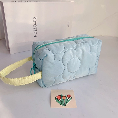 Astuccio Per Matite Trapuntato Fiore Poliestere Macaron Borsa Per Trucco Con Manico Cerniera Custodia Morbida Carina